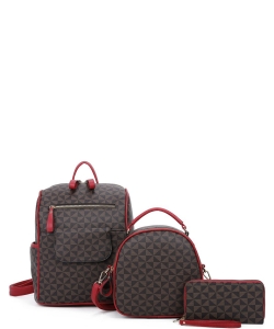 3 In1 Triangle Monogram Multi Design Backpack with Matching Bag and Wallet Set SJ21361 RED